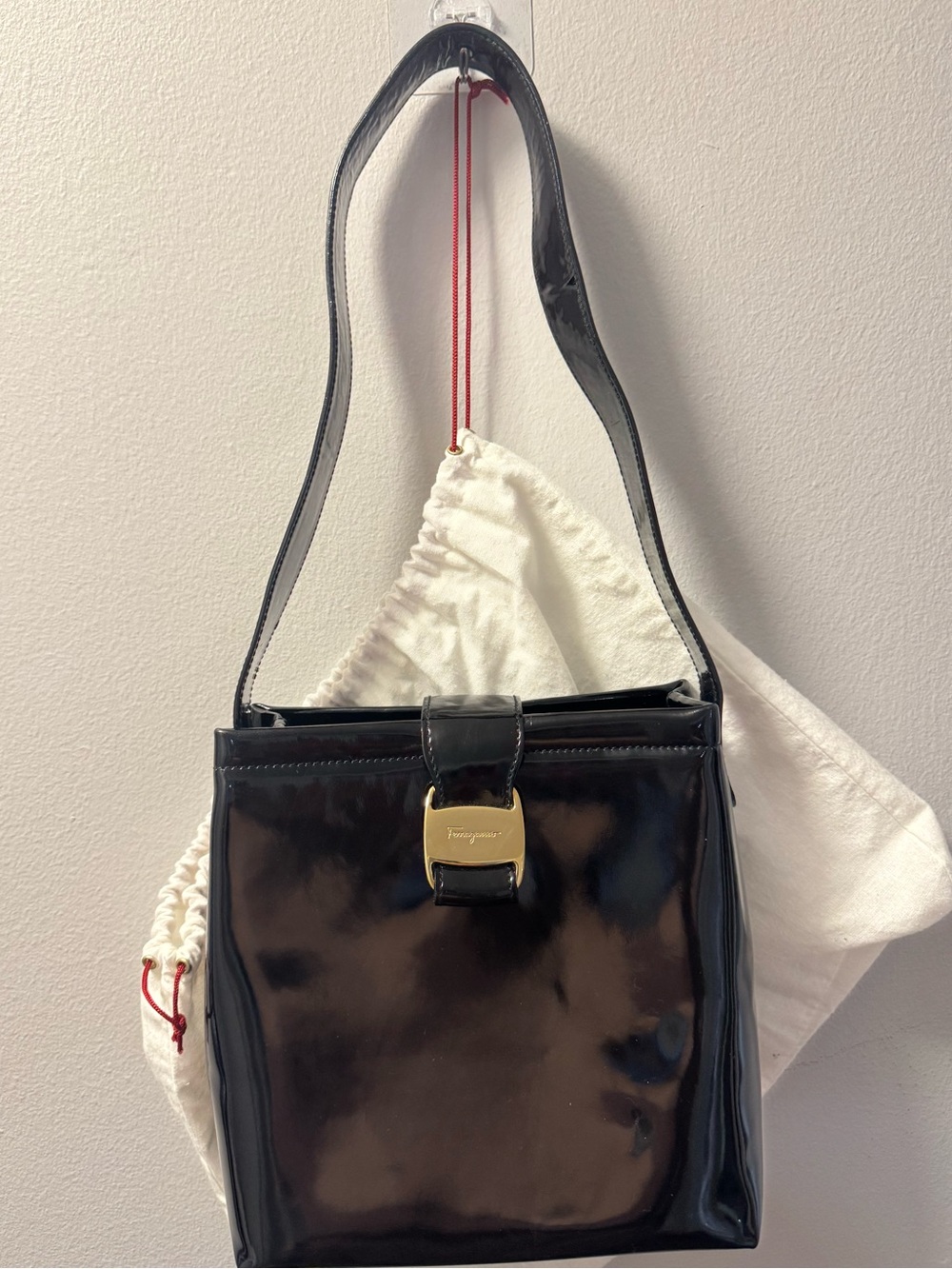 Salvatore Ferragamo Black Patent Shoulder Bag with Gold Accent